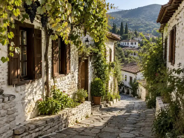 Cobbled street surrounded by vines in Şirince