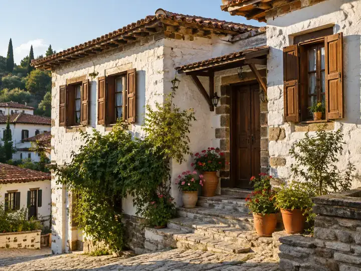 Stone village house with potted flowers in Şirince