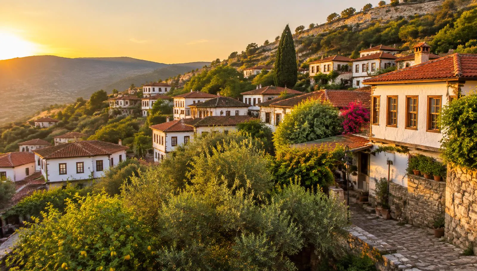 Gün batımında yamaca kurulu Şirince köyünün taş evleri