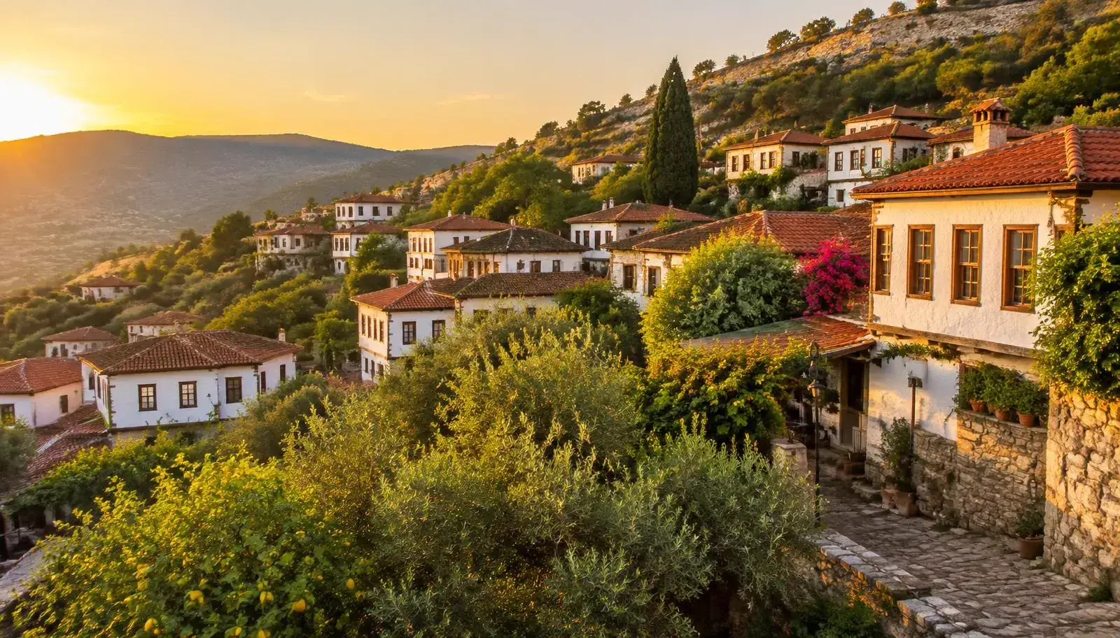 Stone houses on the hillside in Şirince village at sunset