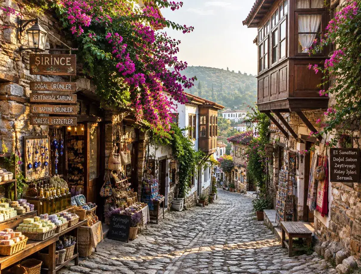 Cobbled street lined with shops in Şirince village
