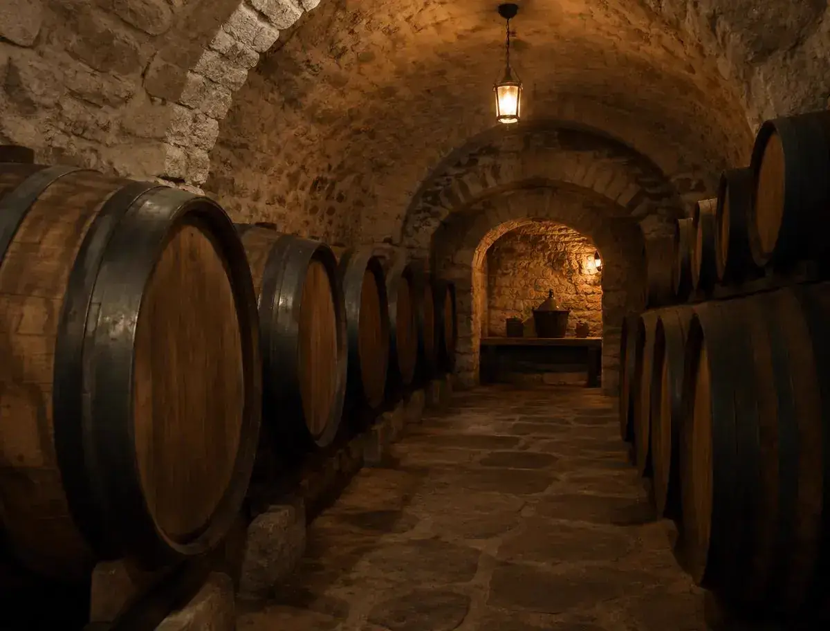 Oak barrels lined up in a stone-vaulted cellar
