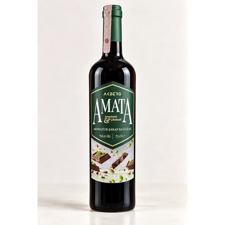 Amata Antep Fıstıklı Çikolatalı Kırmızı Şarap şişesi – Tatlı aromalı kırmızı şarap (Üzüm, çikolata ve Antep fıstığı), Amata üretimi, Şirince