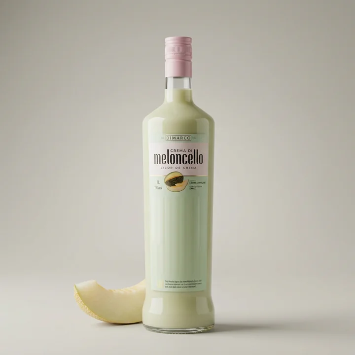 DiMarco Meloncello kavunlu krema likörü, 1 litre ve %17 alkol etiketli şişe; açık renk stüdyo fonunda kavun dilimiyle.