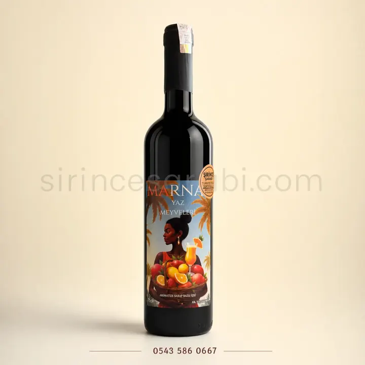 Altı farklı meyve aroması içeren Marnas sangria şişesi ve meyve şarabı etiketi.
