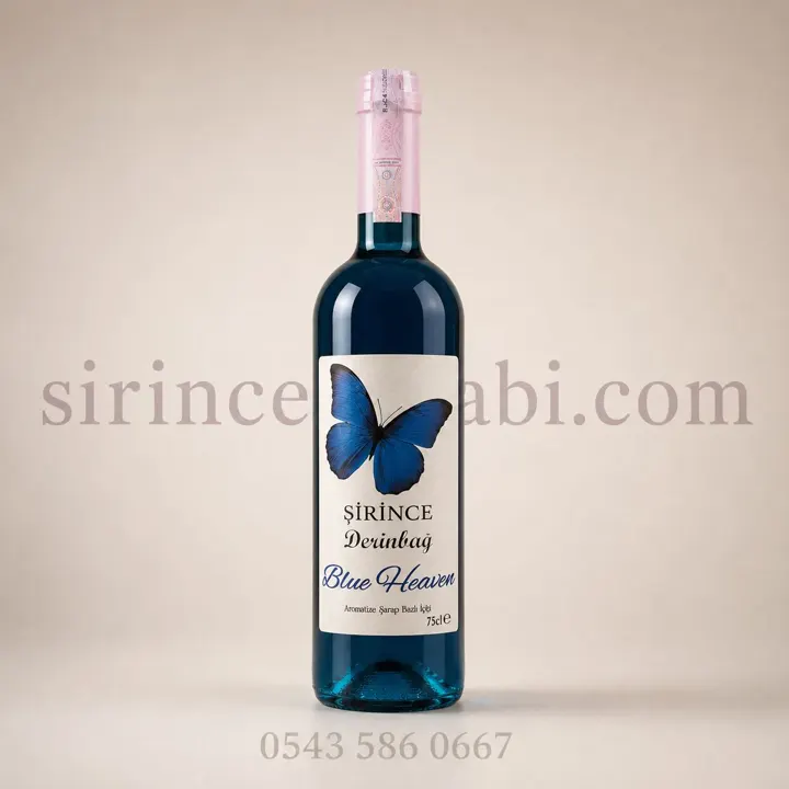 Mavi renkli Şirince Derinbağ Blue Heaven aromatik meyve şarabı şişesi