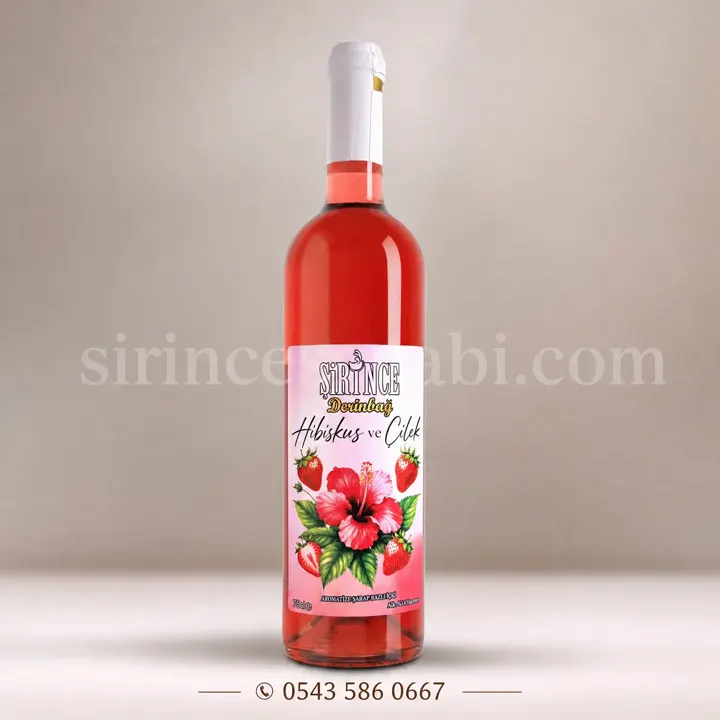 Derinbağ markasına ait hibisküs ve çilek aromalı meyve bazlı içki şişesi.