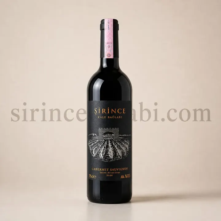 Cabernet Sauvignon dömisek kırmızı şarap şişesi ve üzüm detayları