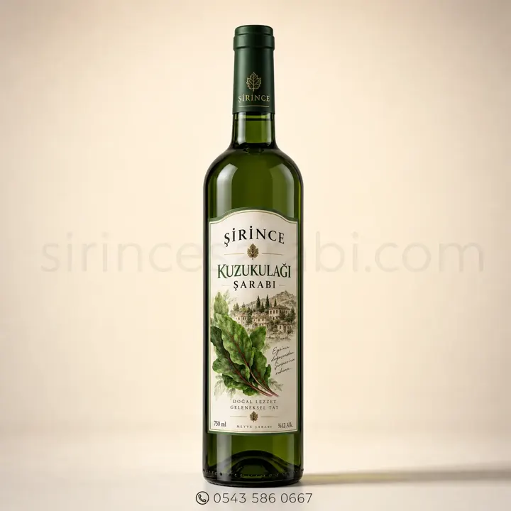 Yeşil renkli, 750 ml hacminde Şirince kuzukulağı meyve şarabı şişesi.