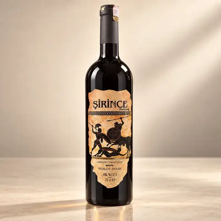 Şirince Merlot Syrah Kırmızı Şarap şişesi – Sek kırmızı şarap (Merlot ve Syrah), Şirince üretimi, Şirince
