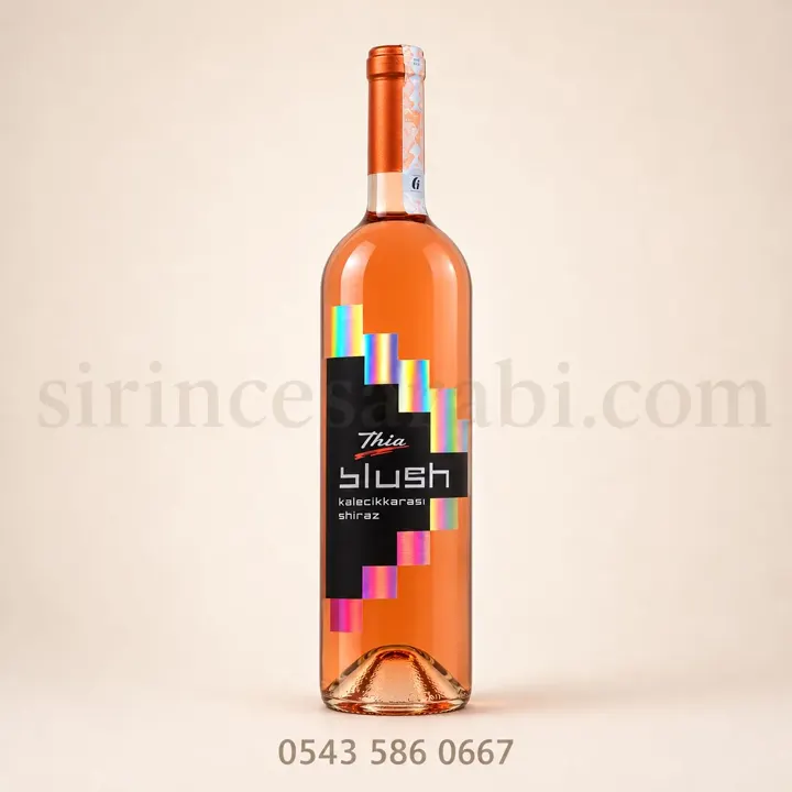 Thia Blush dömisek pembe şarap şişesi ve yaldızlı etiket detayları