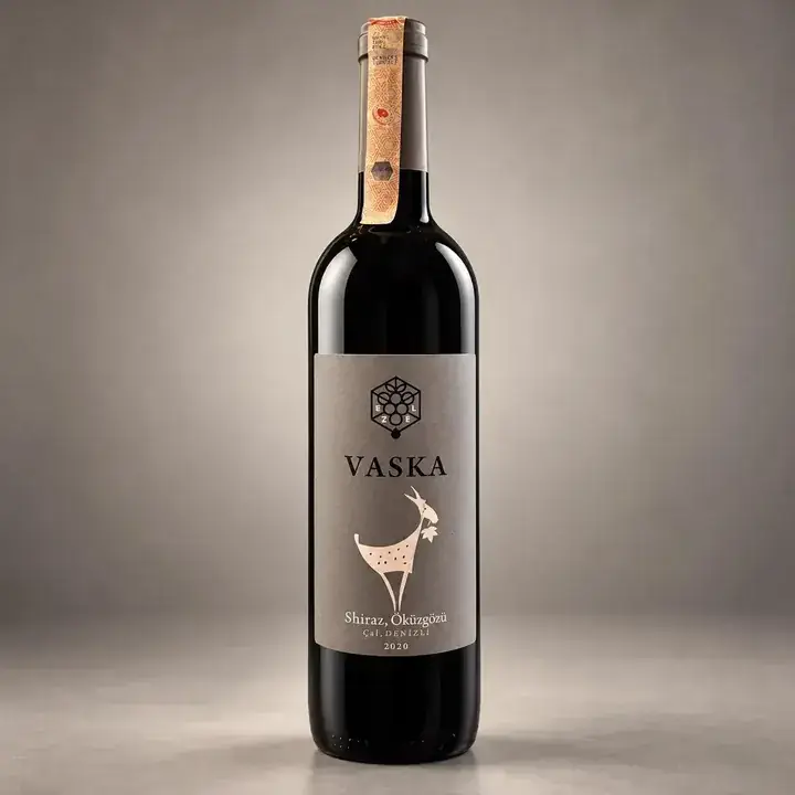Vaska Öküzgözü Shiraz Kırmızı Şarap şişesi – Sek kırmızı şarap (Öküzgözü ve Shiraz), Vaska üretimi, Şirince