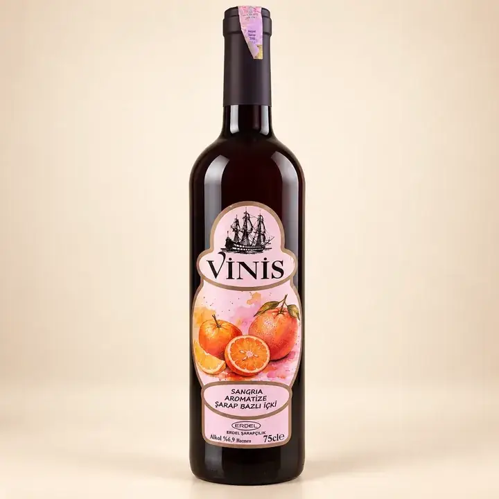 Vinis Portakallı Sangria şişesi – Tatlı aromalı şarap (Portakal, armut ve kırmızı meyveler), Vinis üretimi, Şirince